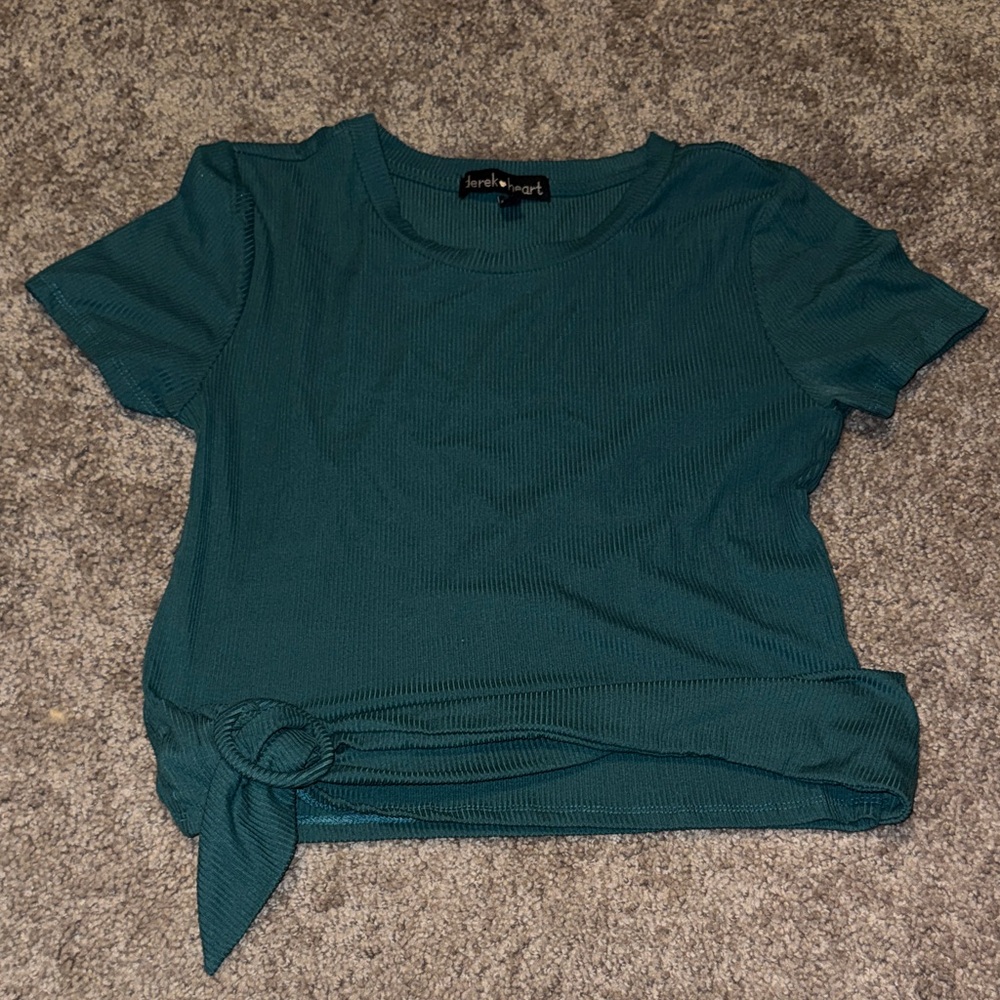 Derek Heart Teal Short Sleeve Knot-Front Top
